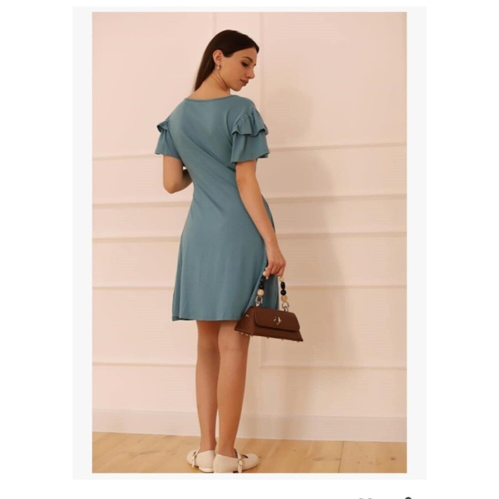 DOKOTOO Womens A-Line Cocktail Dress Blue size XL Midi Short Sleeve - Picture 3 of 6